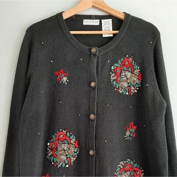 WHITE STAG Vintage Embroidery & Bead Work Christmas Bells Cardigan Sweater Sz XL - Picture 9 of 16
